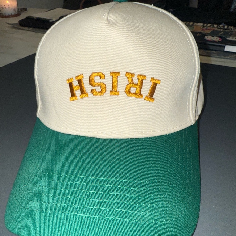 Irish Embroidered Cap in Green and Cream. Notre Dame proud! One size fits all.